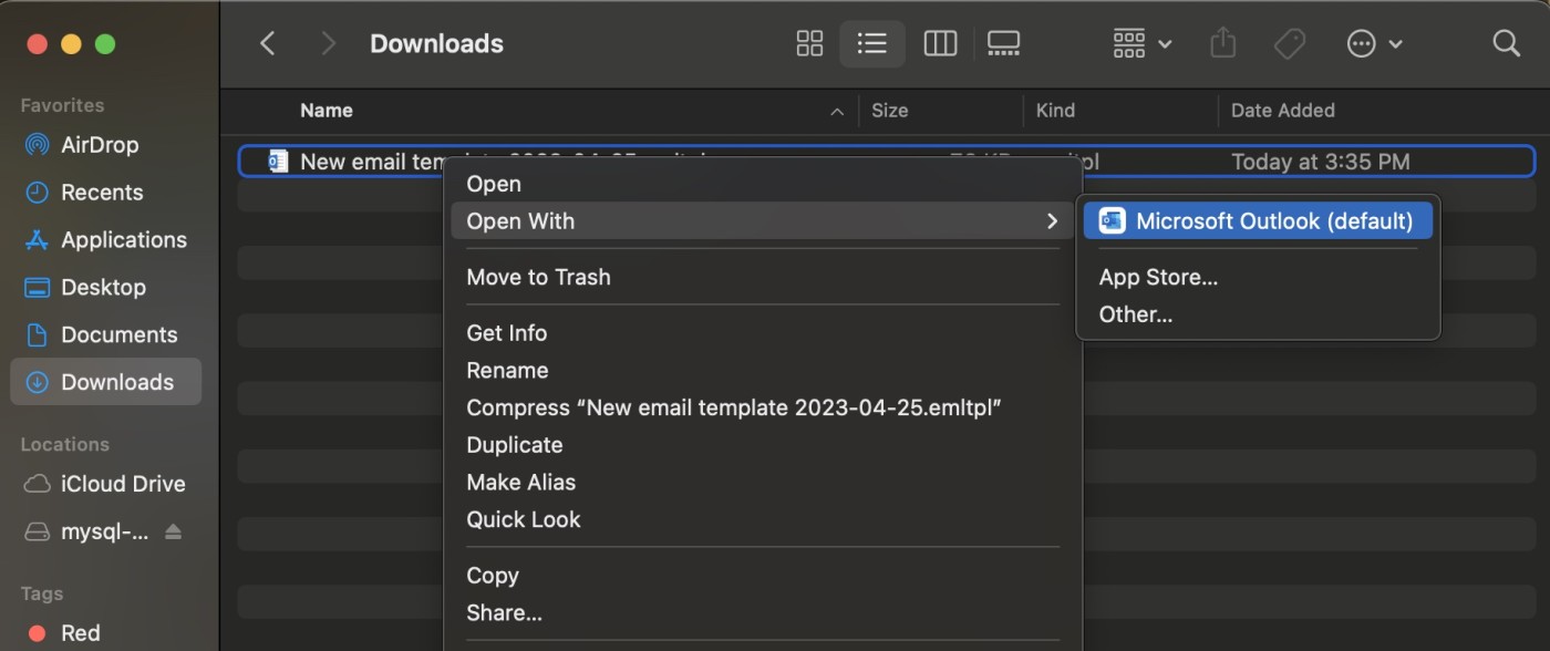 Screenshot showing how to open an email template in Outlook.