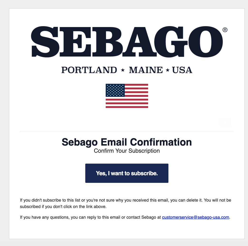 Screenshot from Sebago's website of an email confirmation