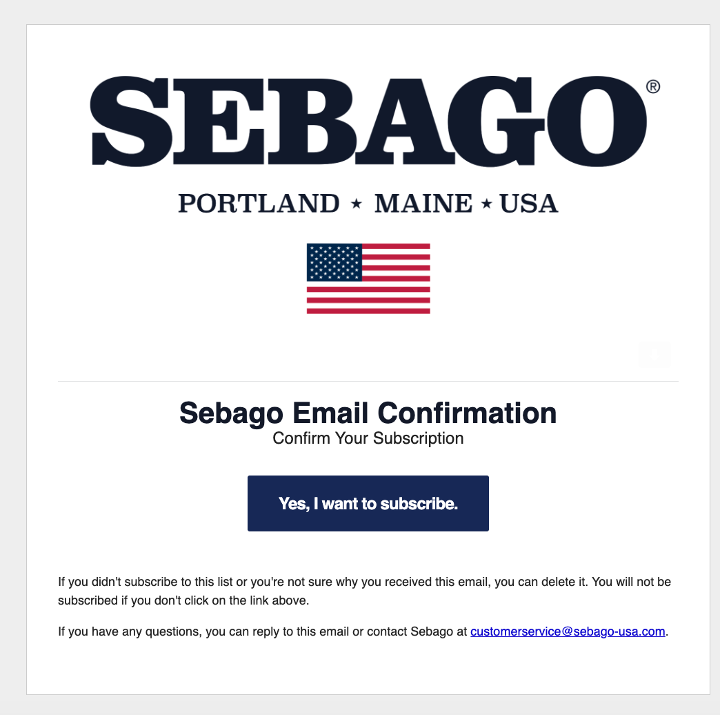 Screenshot from Sebago's website of an email confirmation