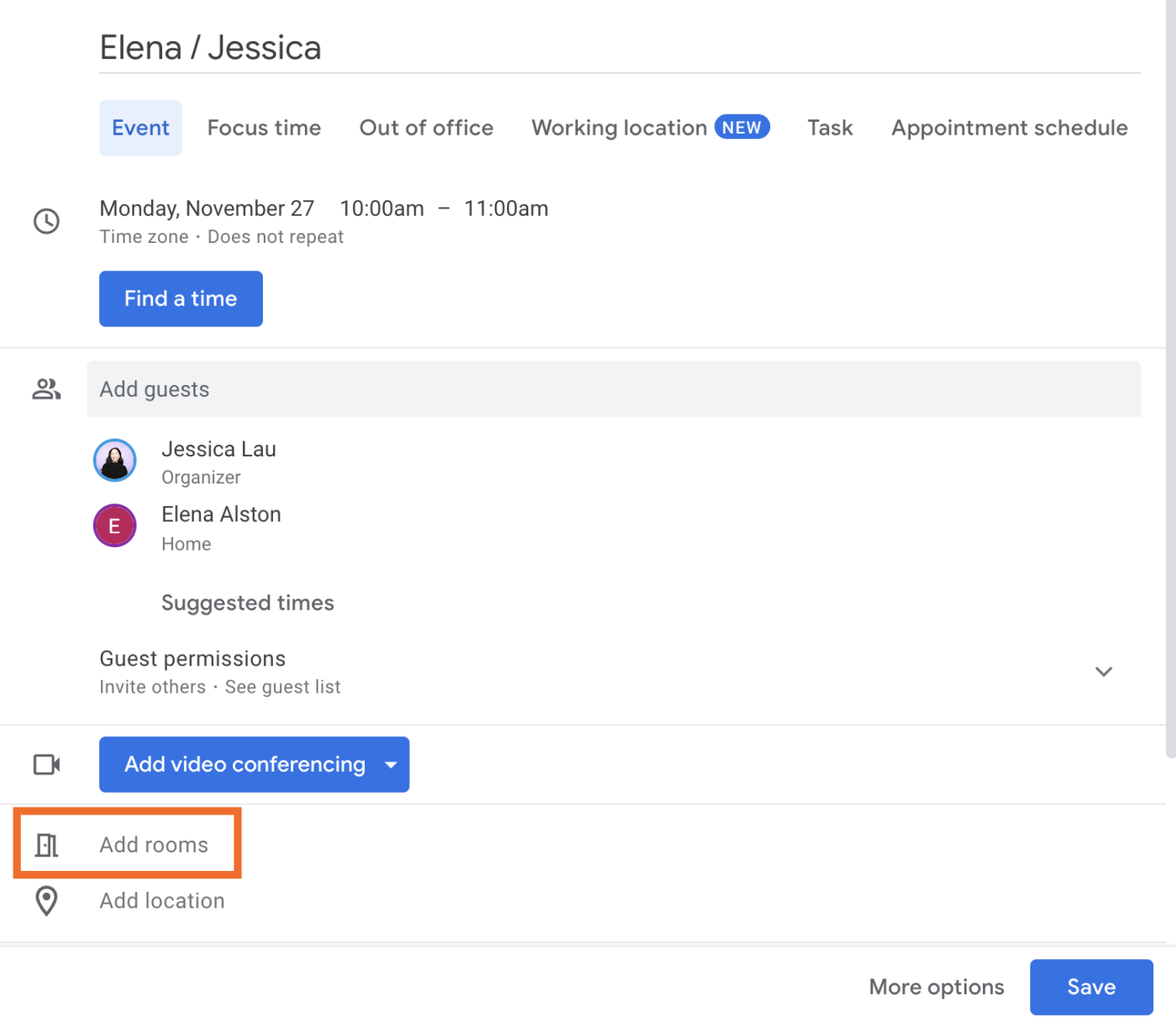 How to add rooms to a Google Calendar event.
