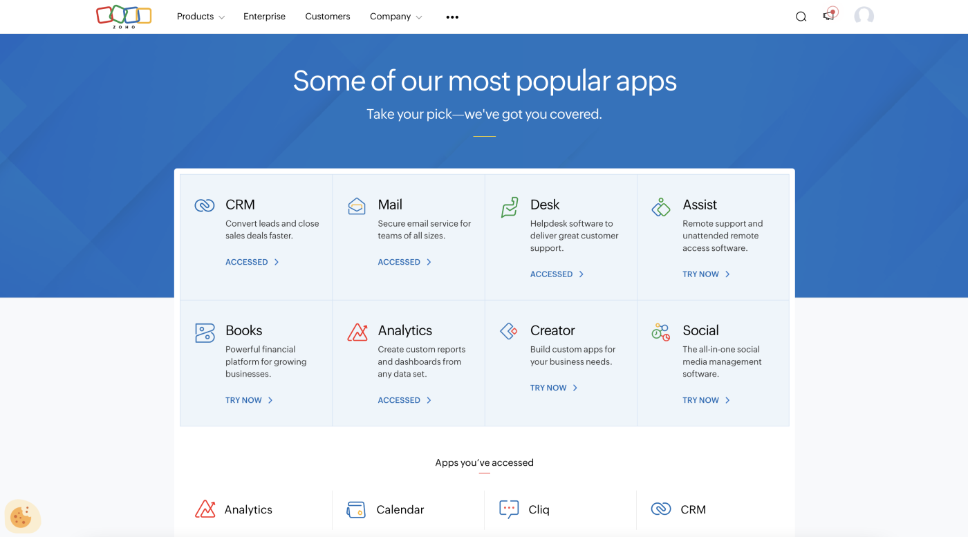 Screenshot showing Zoho’s large collection of apps.