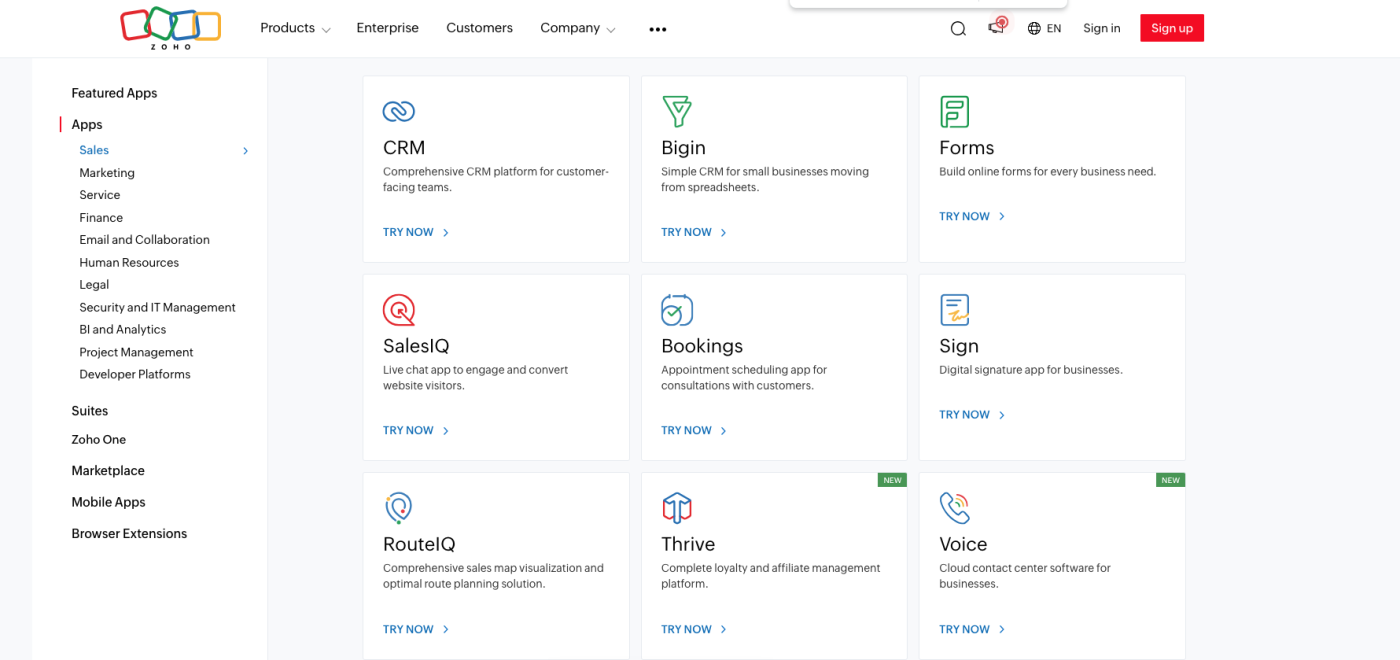 Screenshot showing Zoho’s large collection of apps.