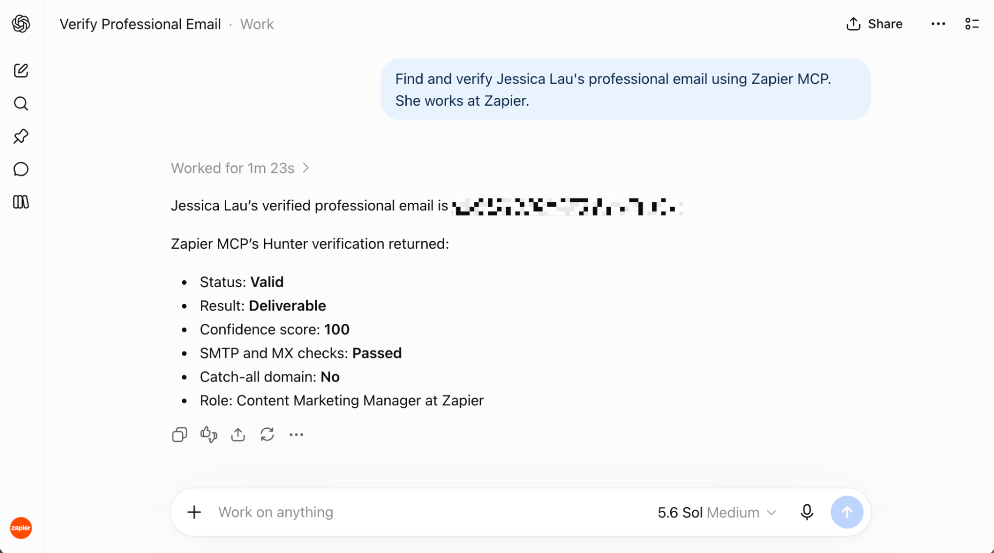 Using Hunter to find an email address via Zapier MCP in a ChatGPT conversation.