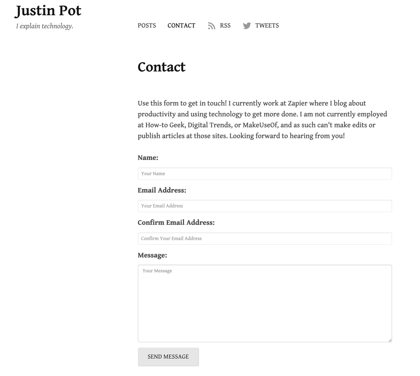 The contact form on Justin Pot's personal website