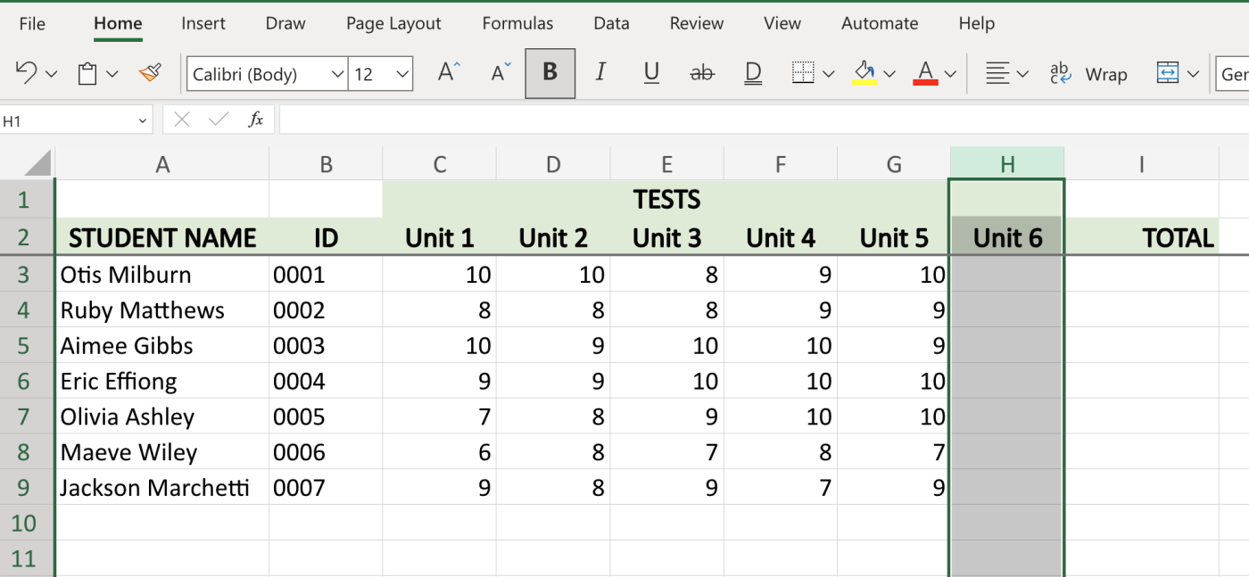 Updated student grade sheet with an extra column inserted between unit 5 and total.