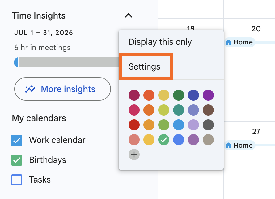 A zoomed-in screenshot of a Google Calendar with an orange rectangle over the word Settings
