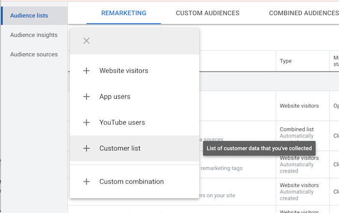 A screenshot of the menu system in Google Ads from the audience tab, showing "audience lists" and then "customer list" highlighted.