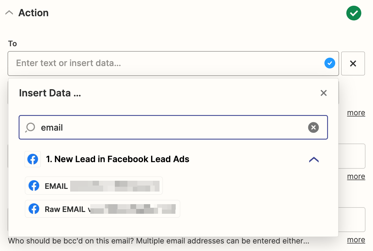The Insert Data menu is shown open with a list of a data from the previous Facebook Lead Ads trigger step.