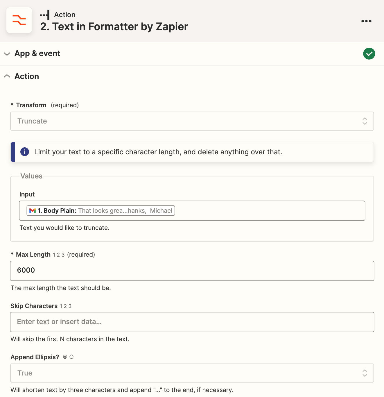 A formatter step in the Zap editor with assorted fields filled out.