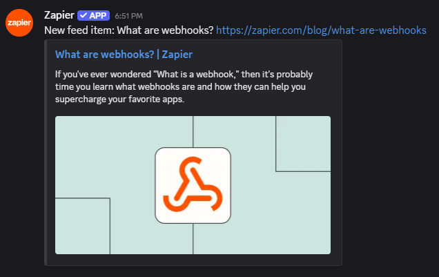 A post in a Discord channel that shows the blog post "What are webhooks" from the Zapier blog.