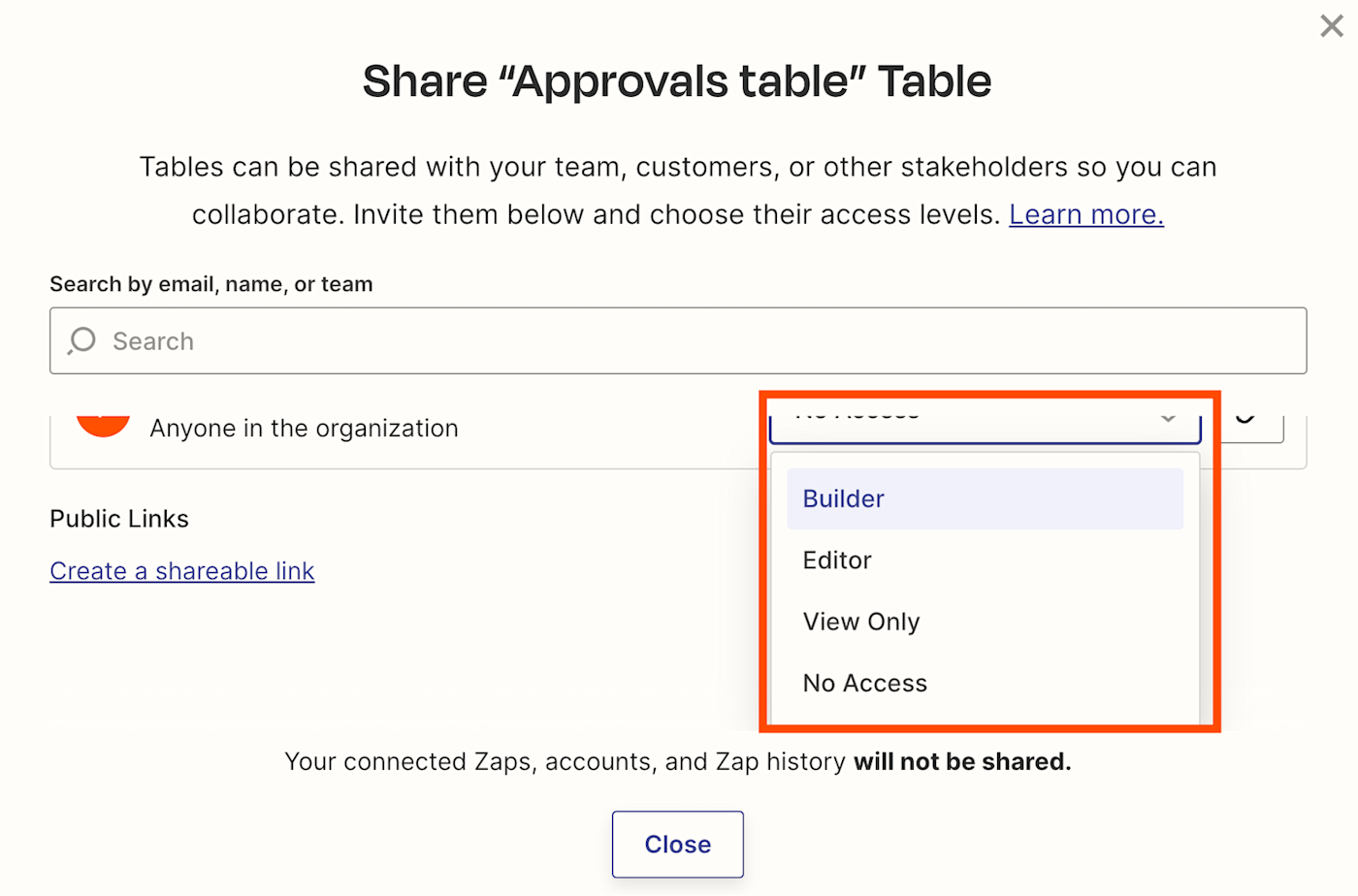 screenshot of table access