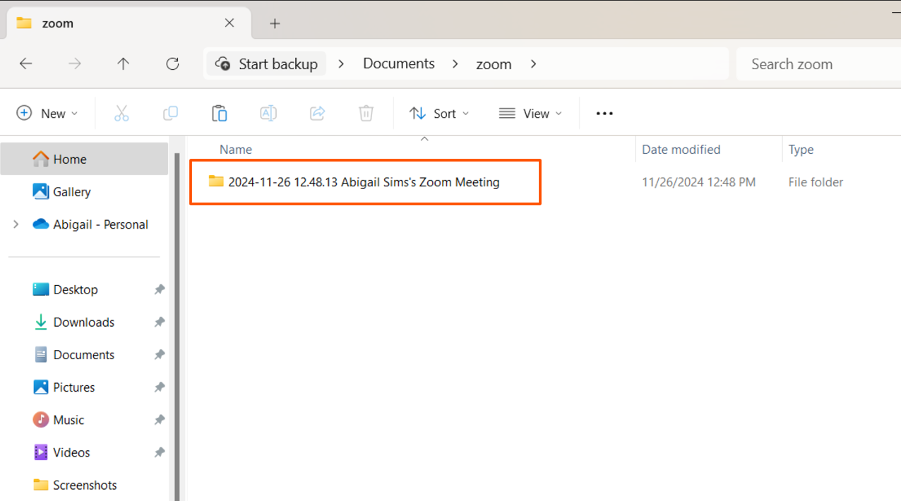 Screenshot of Zoom recording folder on Windows