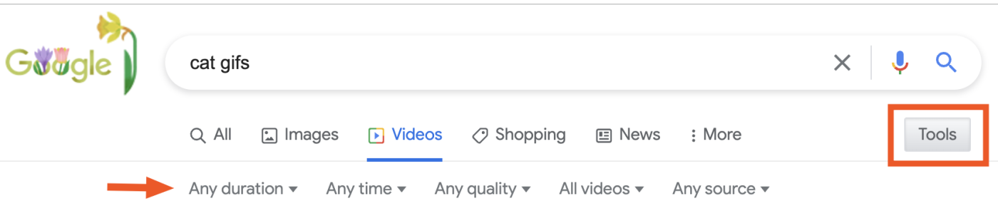 Videos tab of Google Search with an arrow pointing to search filters, including duration, quality, and source.
