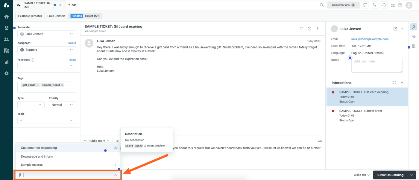 Screenshot of a support ticket in Zendesk with the AI macro list opened and highlighted.