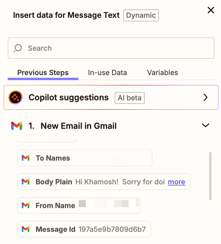Mapping a message text field in Slack
