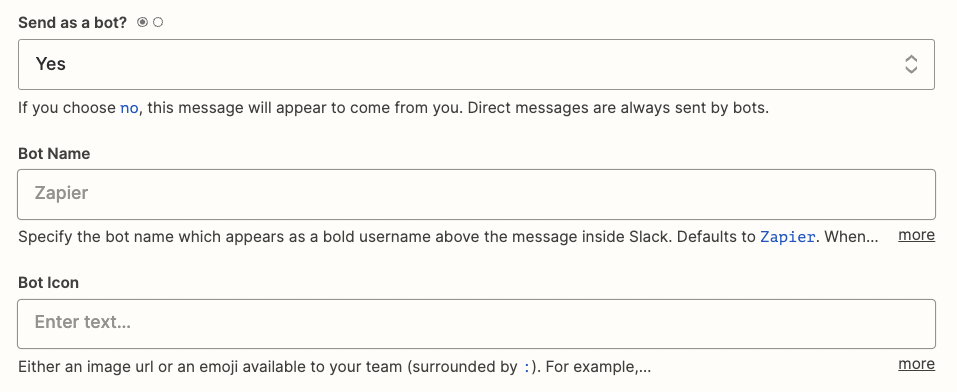 Fields related to the name and image of the Slack bot in the Zap editor.