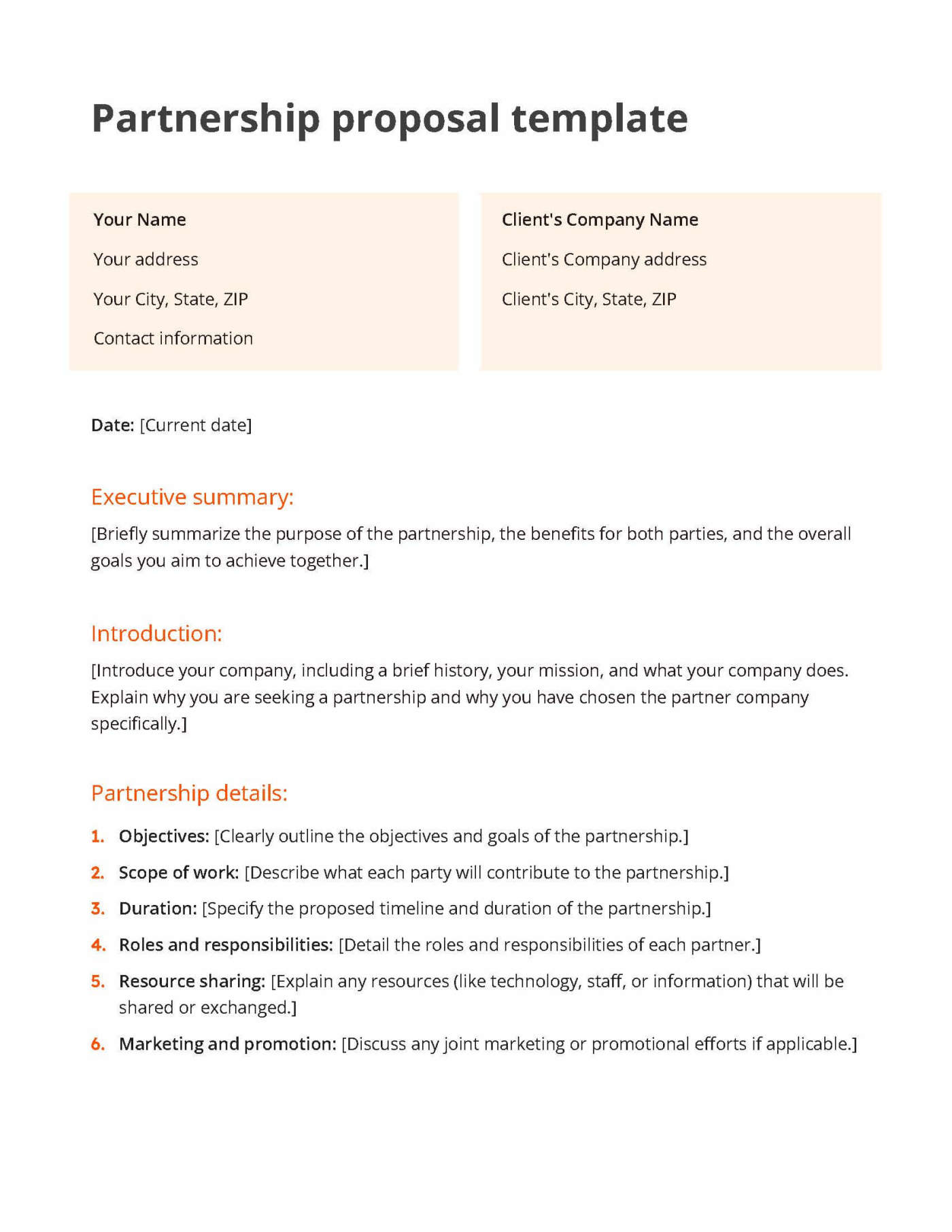 White and orange partnership proposal template including a section for the introduction, executive summary, and partnership details
