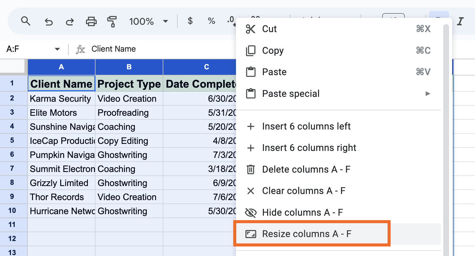 A highlighted cell range with an expanded view of the right-click menu. The option to resize columns is highlighted.