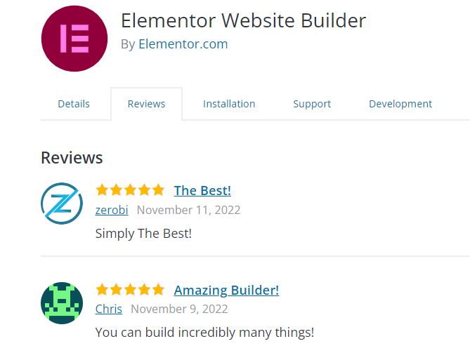User reviews on a WordPress plugin