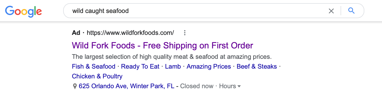 A Google search ad for Wild Fork Foods