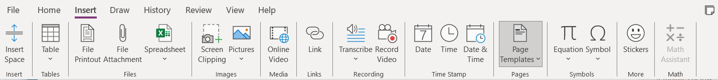 The Page Templates option in OneNote