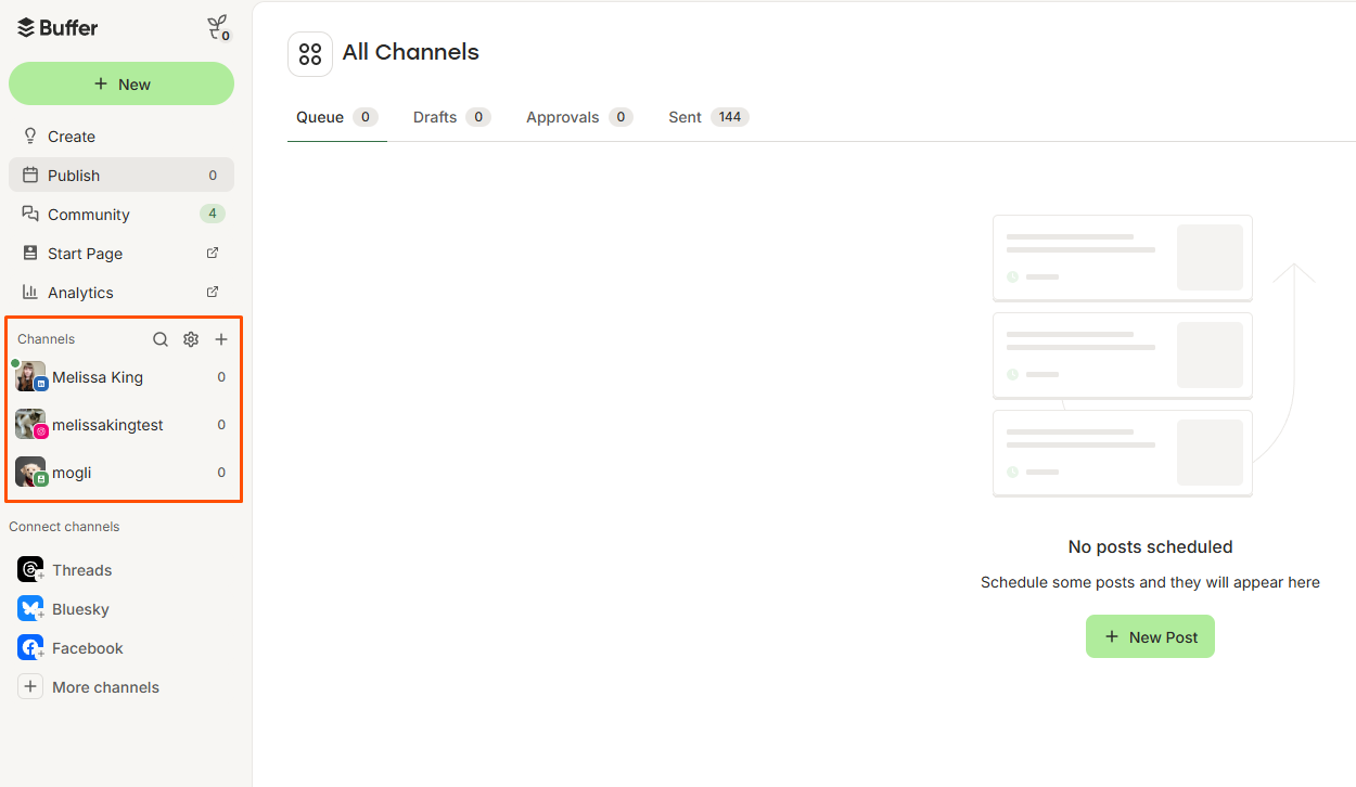 La lista de cuentas en la barra lateral de Buffer