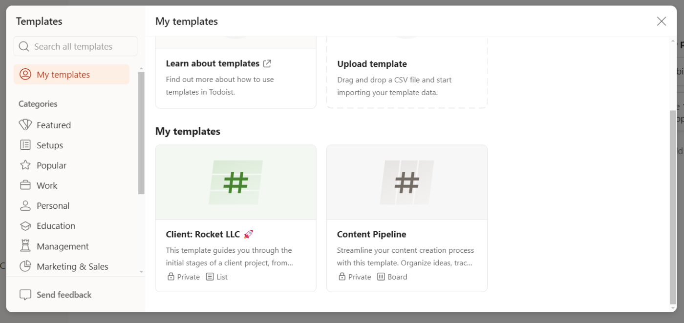 The My templates section of Todoist