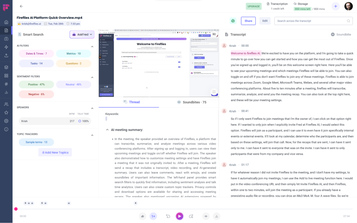 Fireflies.ai, our pick for the best collaboration software for managing meetings with AI assistants.