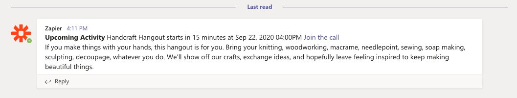 A screenshot of the message our Zap created in Microsoft Teams.
