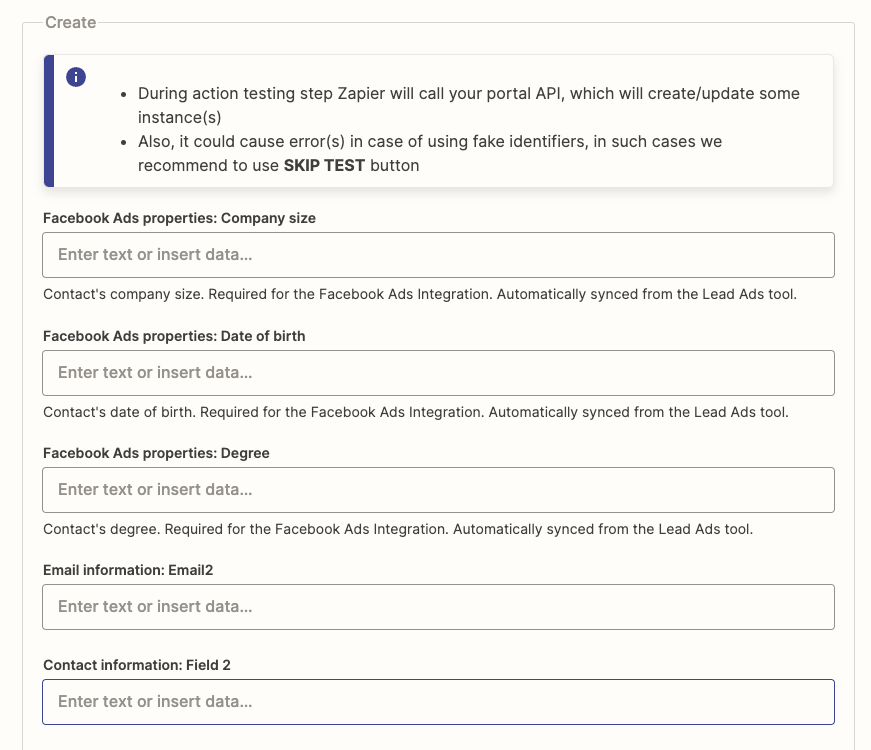 Customize the new HubSpot contact the Zap step will create.