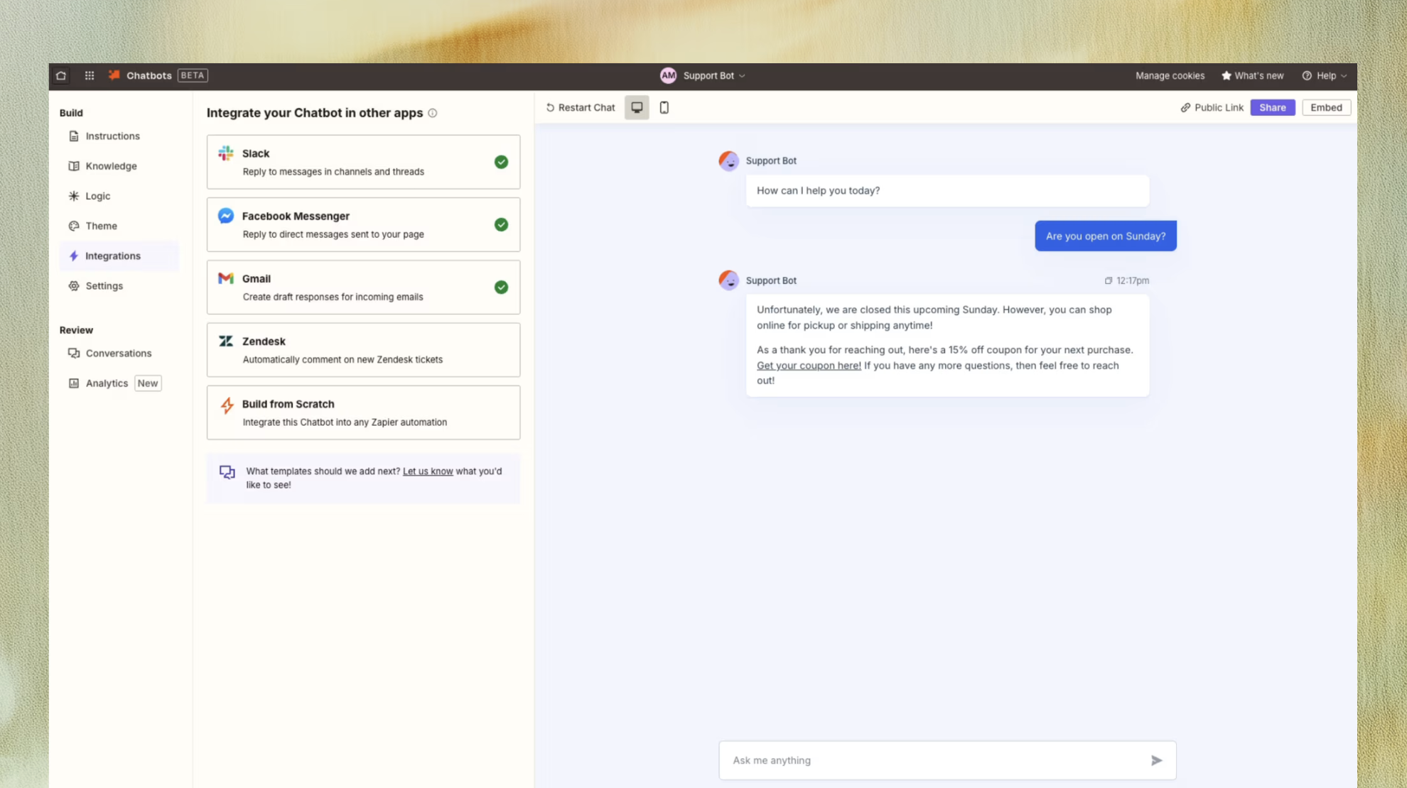 The Zapier Chatbots dashboard