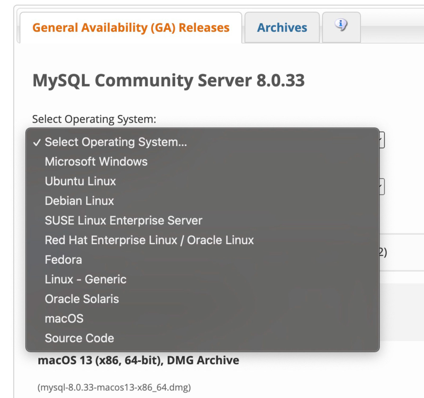 Screenshot showing how to select operating server when downloading MySQL Community Server.