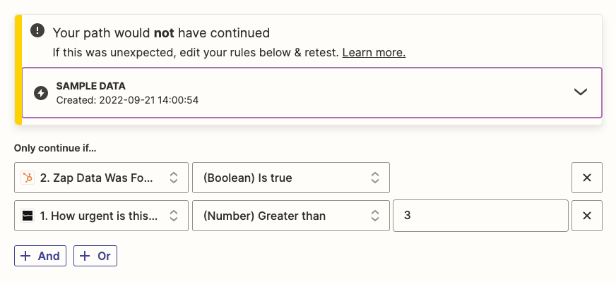 Once the path rule is tested, the Zap editor will display a message whether or not the path would have continued.