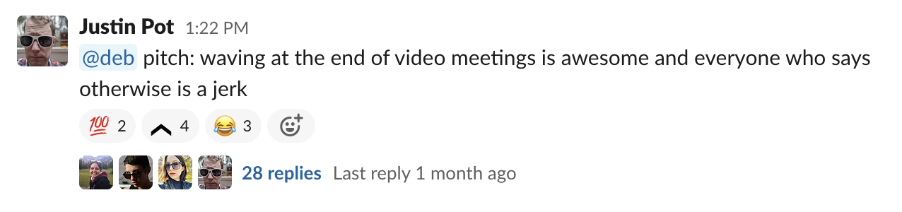 A message from Justin in the blog Slack channel with a pitch that has 28 responses