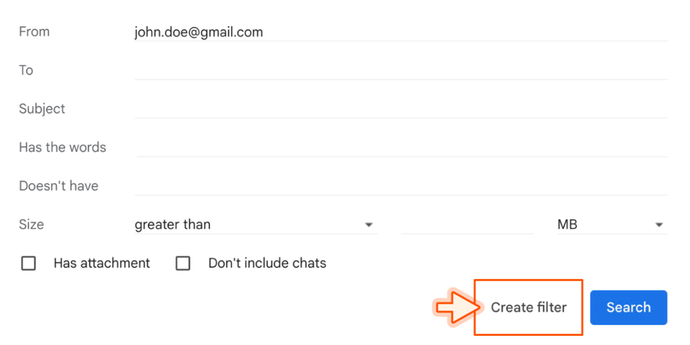 Screenshot showing how to create a filter in Gmail.