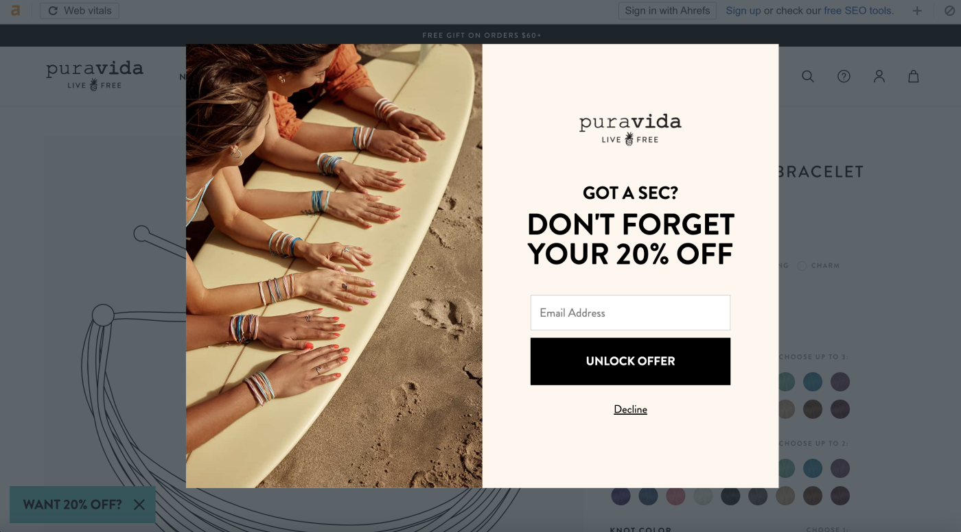 Screenshot from the Pura Vida website of an offer for 20% off if you sign up for emails