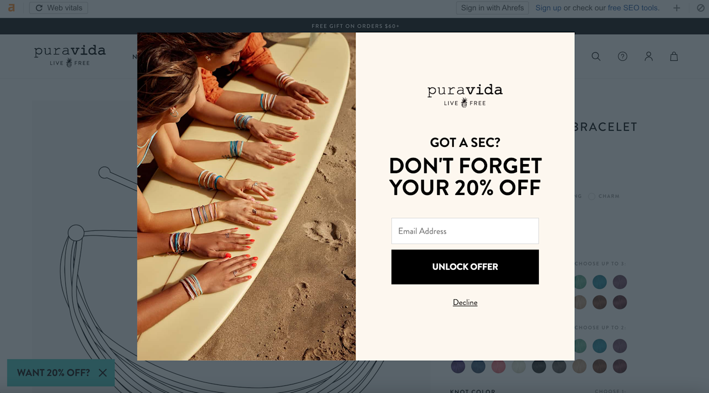 Screenshot from the Pura Vida website of an offer for 20% off if you sign up for emails