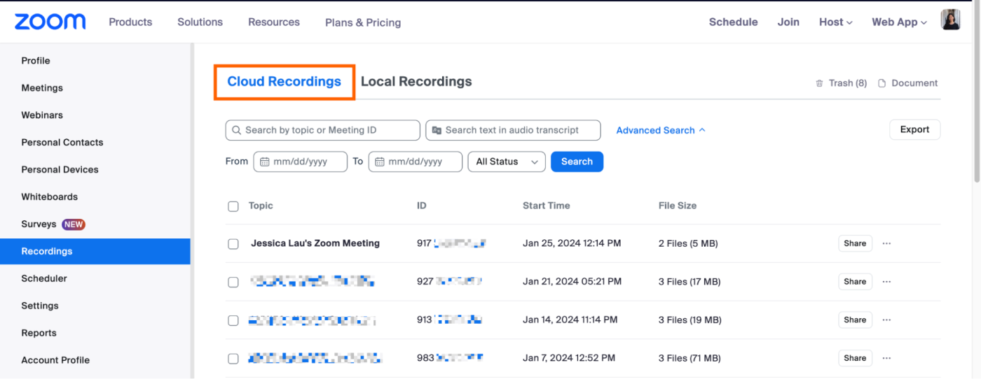 How to find Zoom recordings stored in the cloud on the Zoom web portal. 