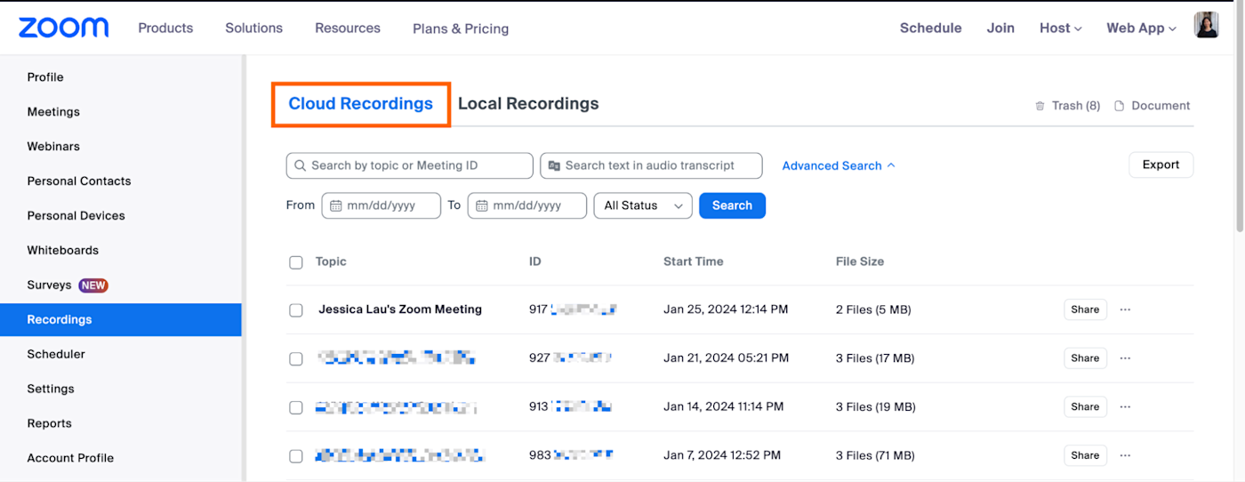 How to find Zoom recordings stored in the cloud on the Zoom web portal. 