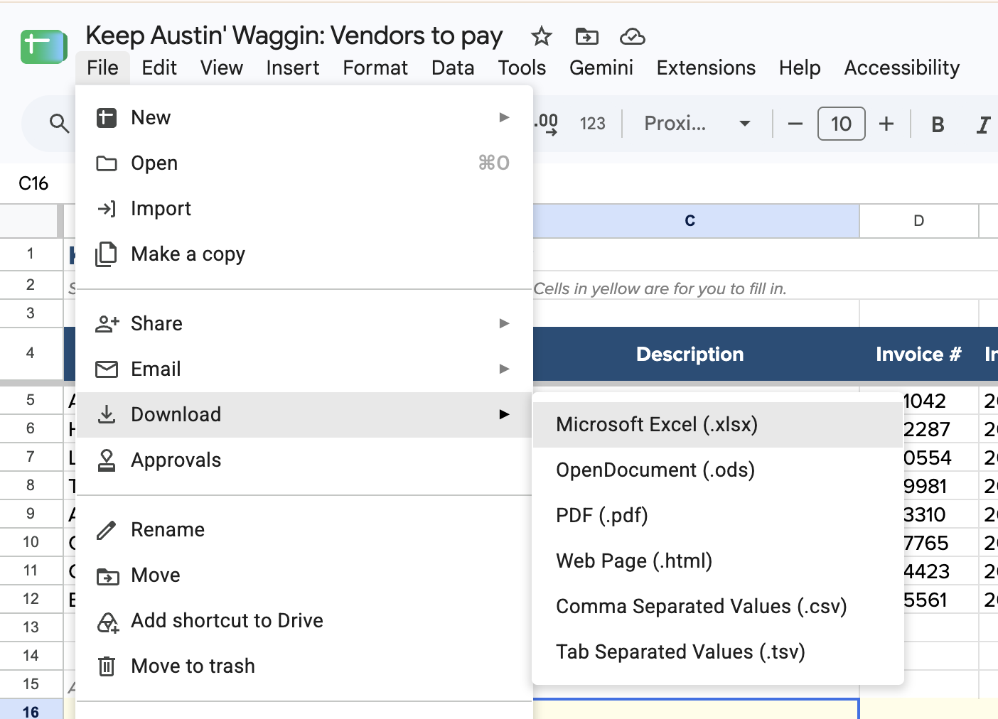 Expanded view of the file menu in Google Sheets.