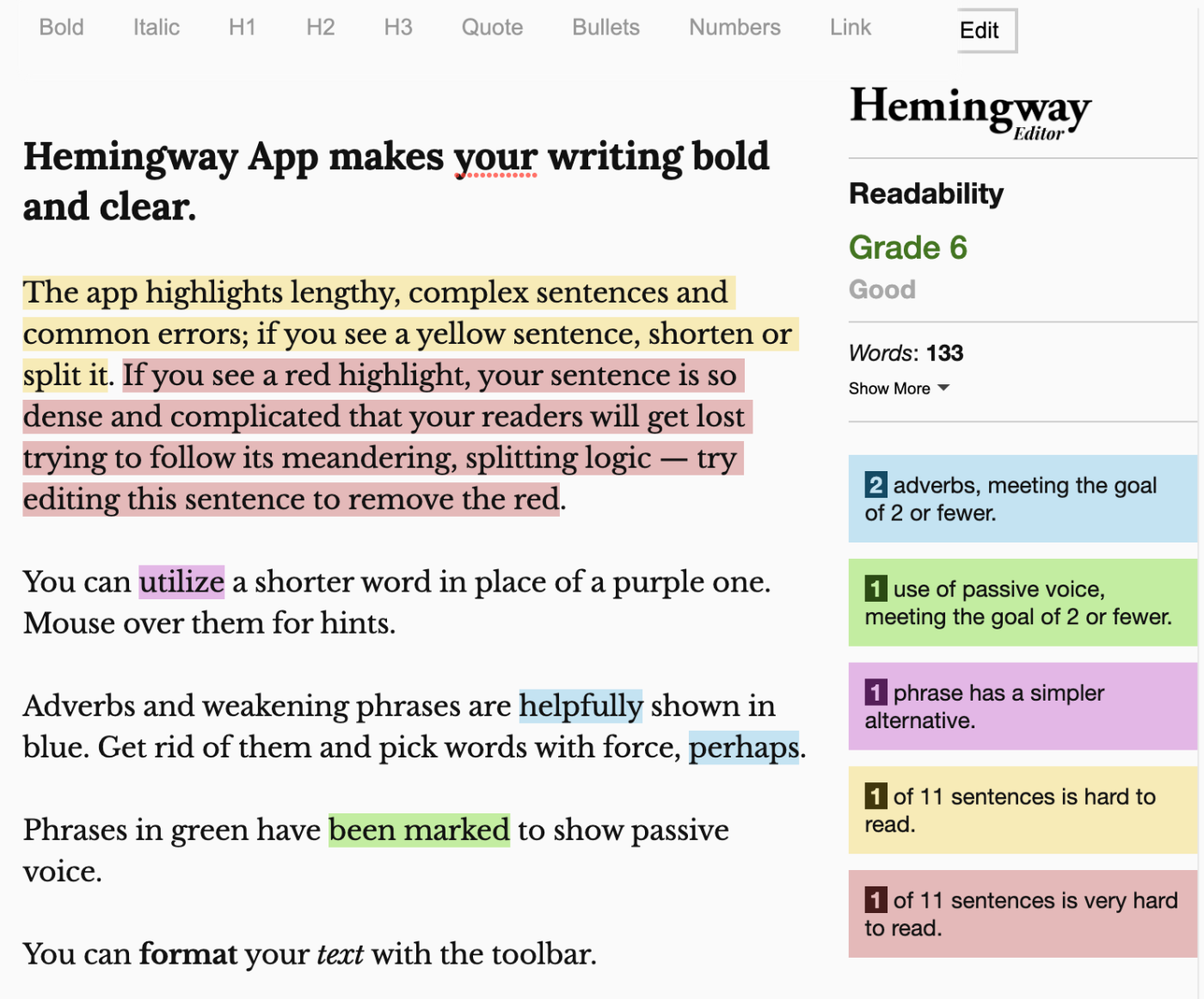Hemingway app screenshot