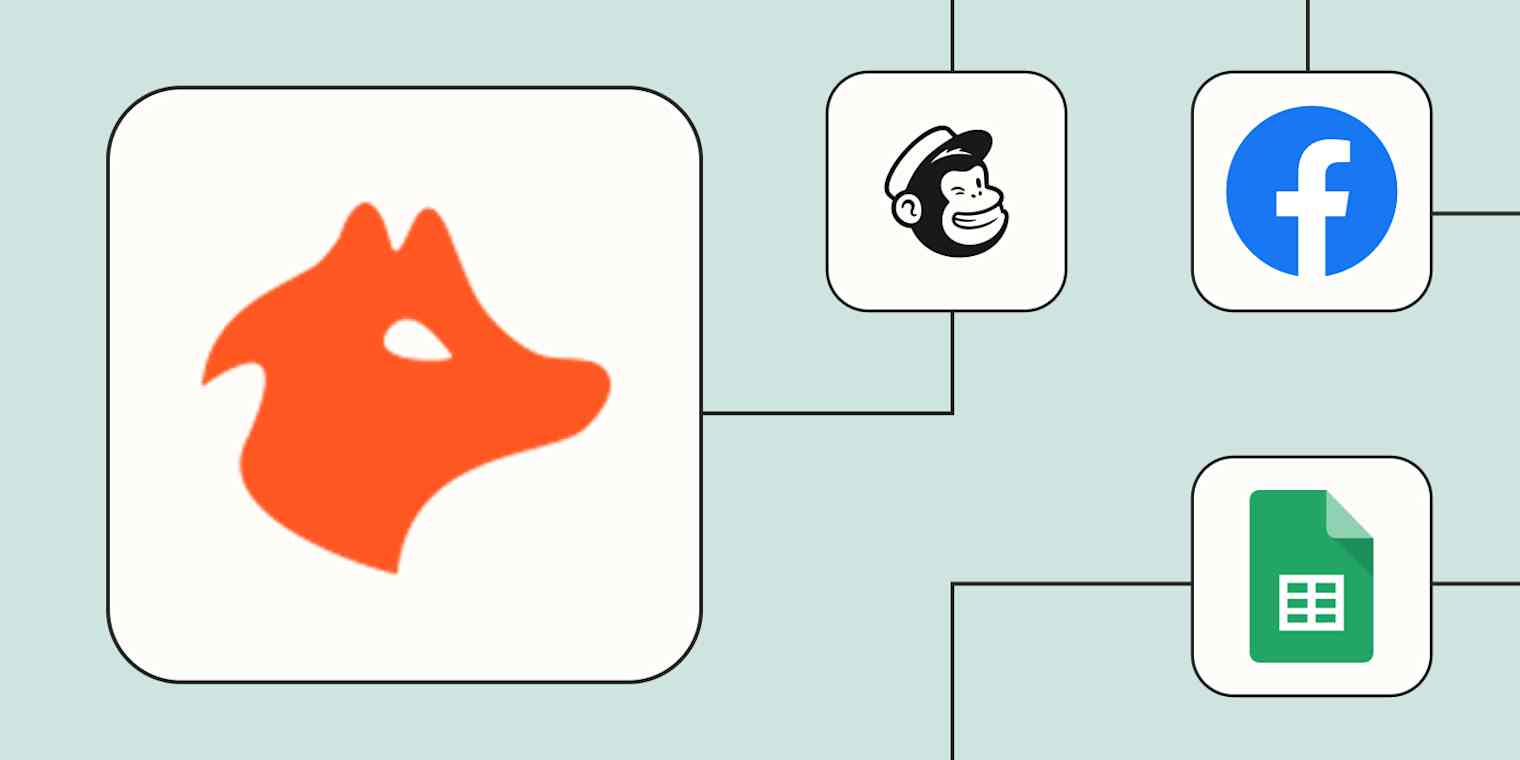 The logo for Hunter.io connected to logos for Mailchimp, Facebook, and Google Sheets against a sky blue background