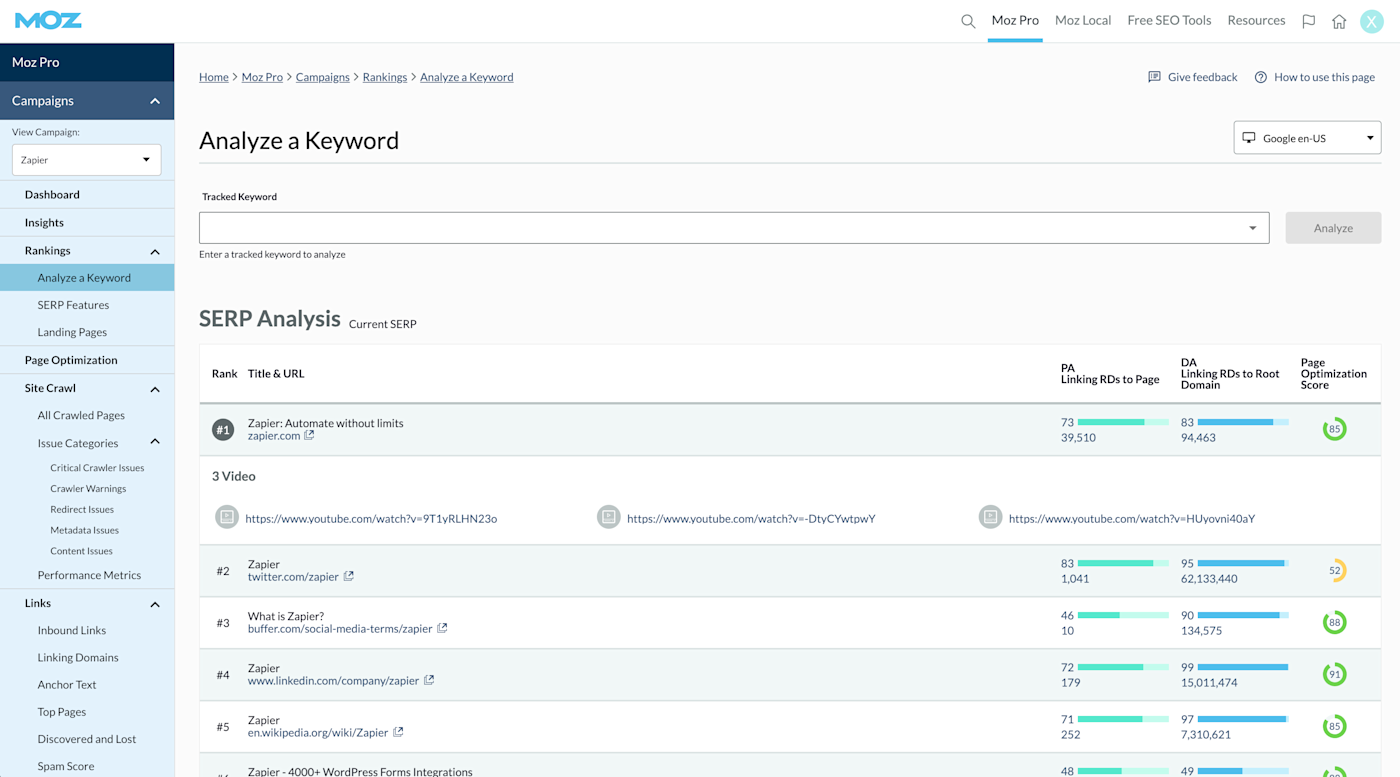 Screenshot of Moz Pro's links dashboard showing metrics like domain authority, page authority, linking domains, inbound links, and more