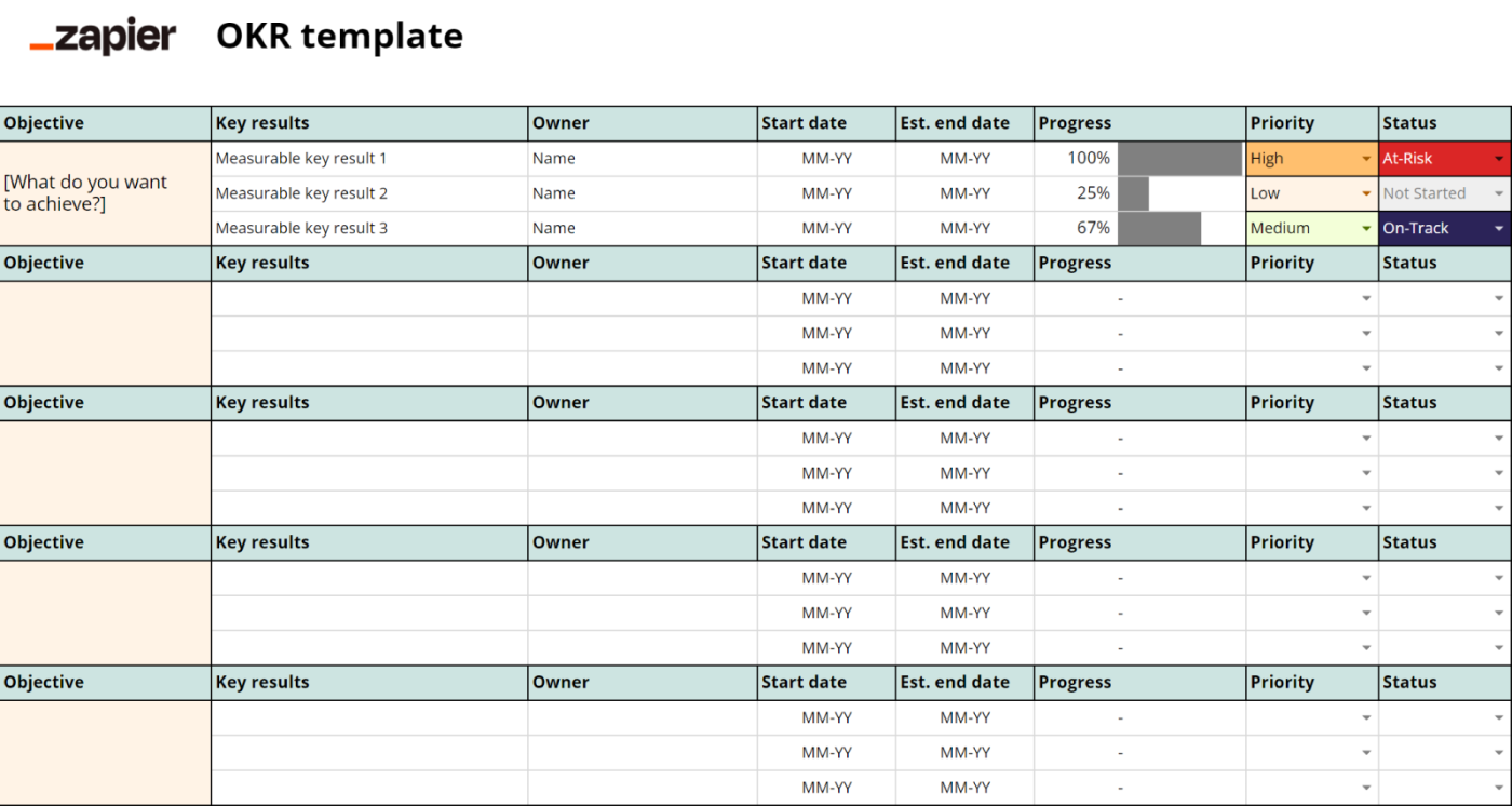 Screenshot of Zapier’s OKR Google Sheets template