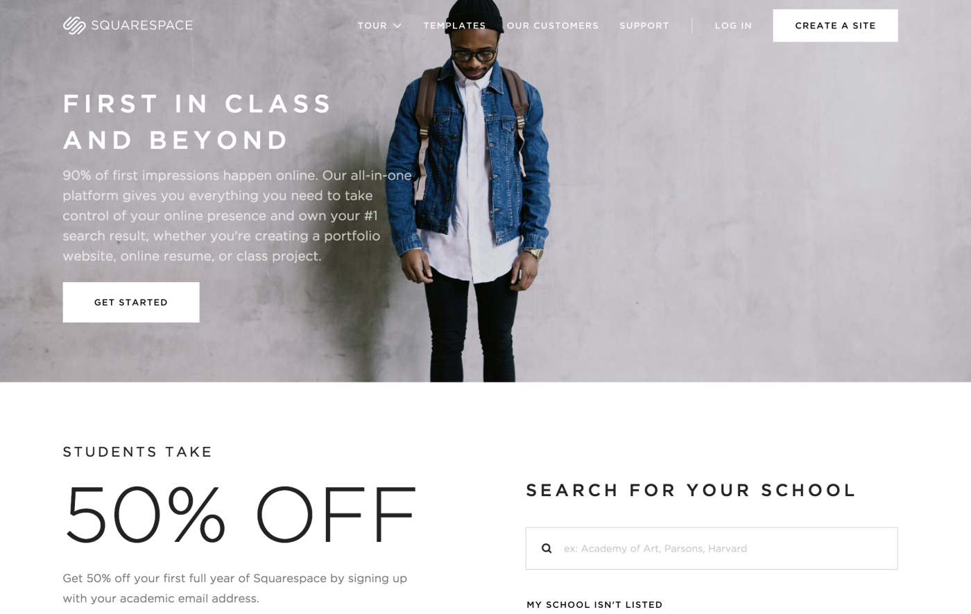 Squarespace student discount landing page