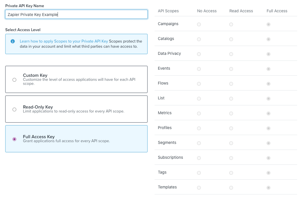 The account settings page in a Klaviyo account where you can find your API keys.