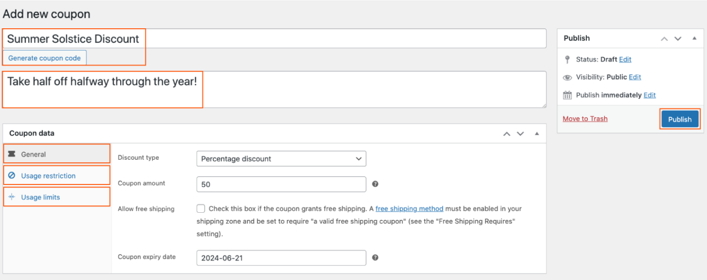 Screenshot of the WooCommerce coupon creation form