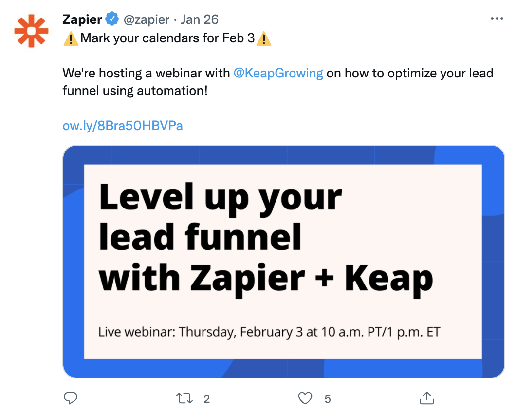 A CTA on a Tweet from Zapier to "Mark your calendars for Feb 3" with two emoji