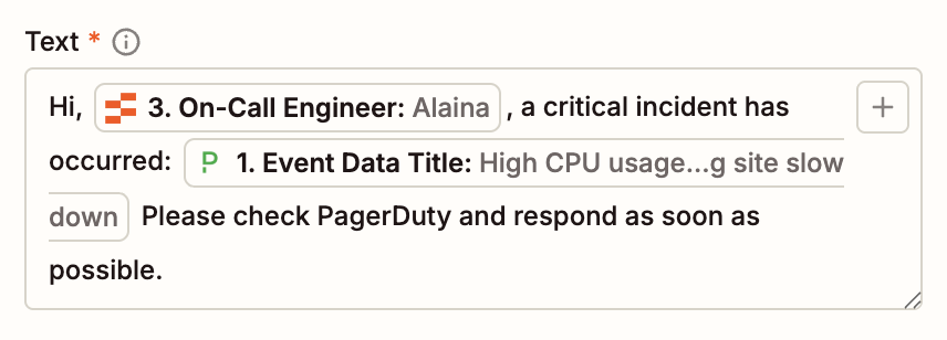 A Text field containing a message about an incident with data mapped from previous steps