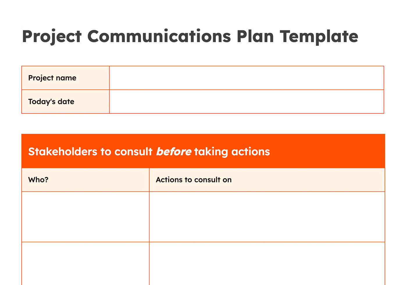 Screenshot of a communications plan project template